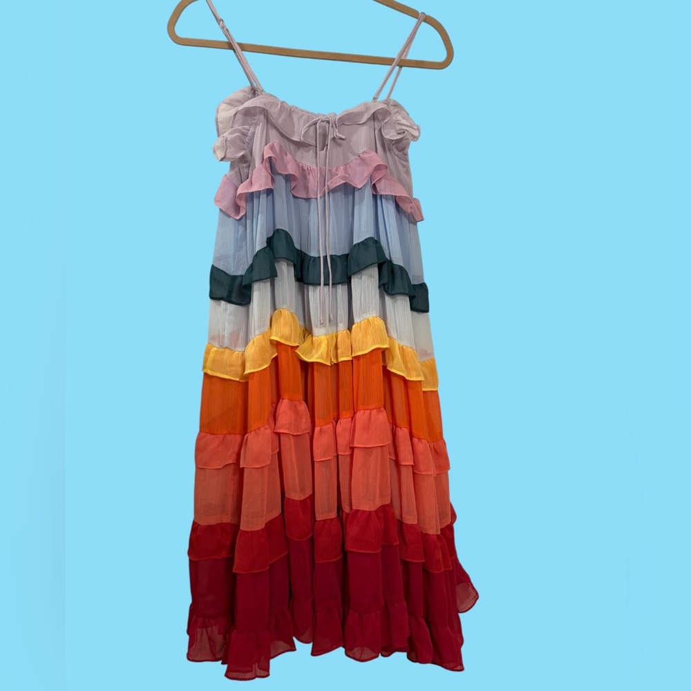 NWOT Storia Rainbow Tiered Ruffled Midi Dress Women’s Small - Picture 8 of 13